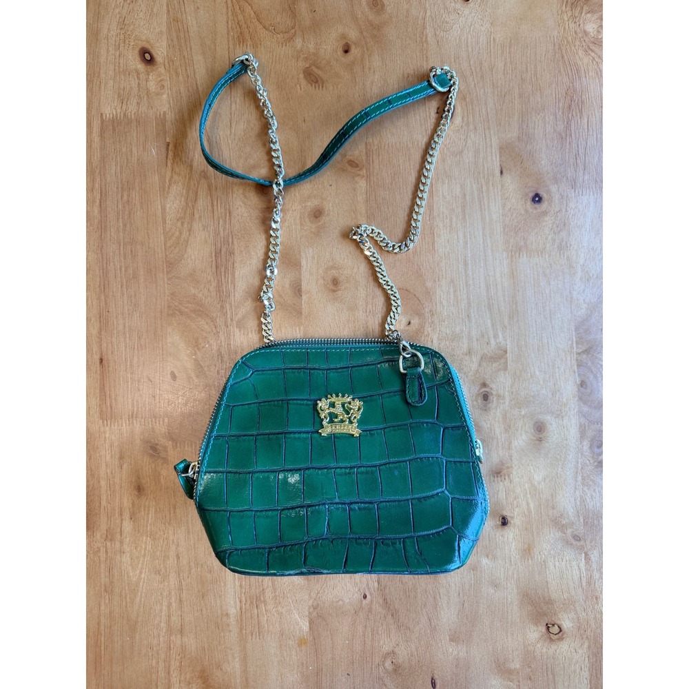 Pratesi Firenze Green Croc Embossed Leather Crossbody Bag Made in Italy